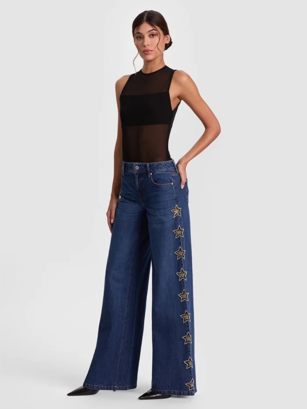 Alice + Olivia Dark Blue Wide-Leg Jeans with Star Embellishments - Picture 2 of 6